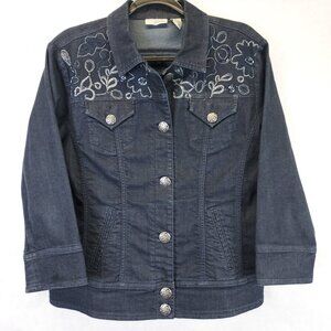 Chico's Denim Jean Jacket Size 2 Medium Blue Silver Embroidered Beaded Button Up